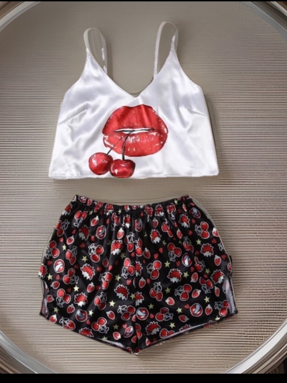 💋 & 🍒 Satin Lips W/Cherry’s In Them Cami Crop Top & Cherry Shorts Pajama set
